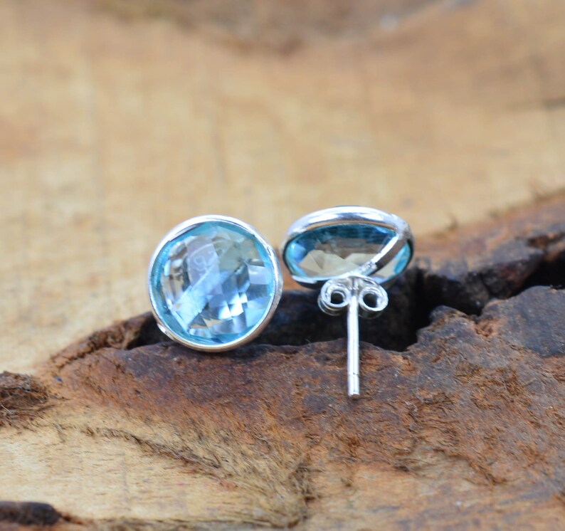 Blue Quartz 925 Sterling Silver Round Shape Stud Earring