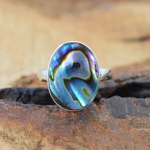 925 Sterling Silver Abalone Shell Oval Statement Boho Chic Jewelry, Natural Paua Shell Ring