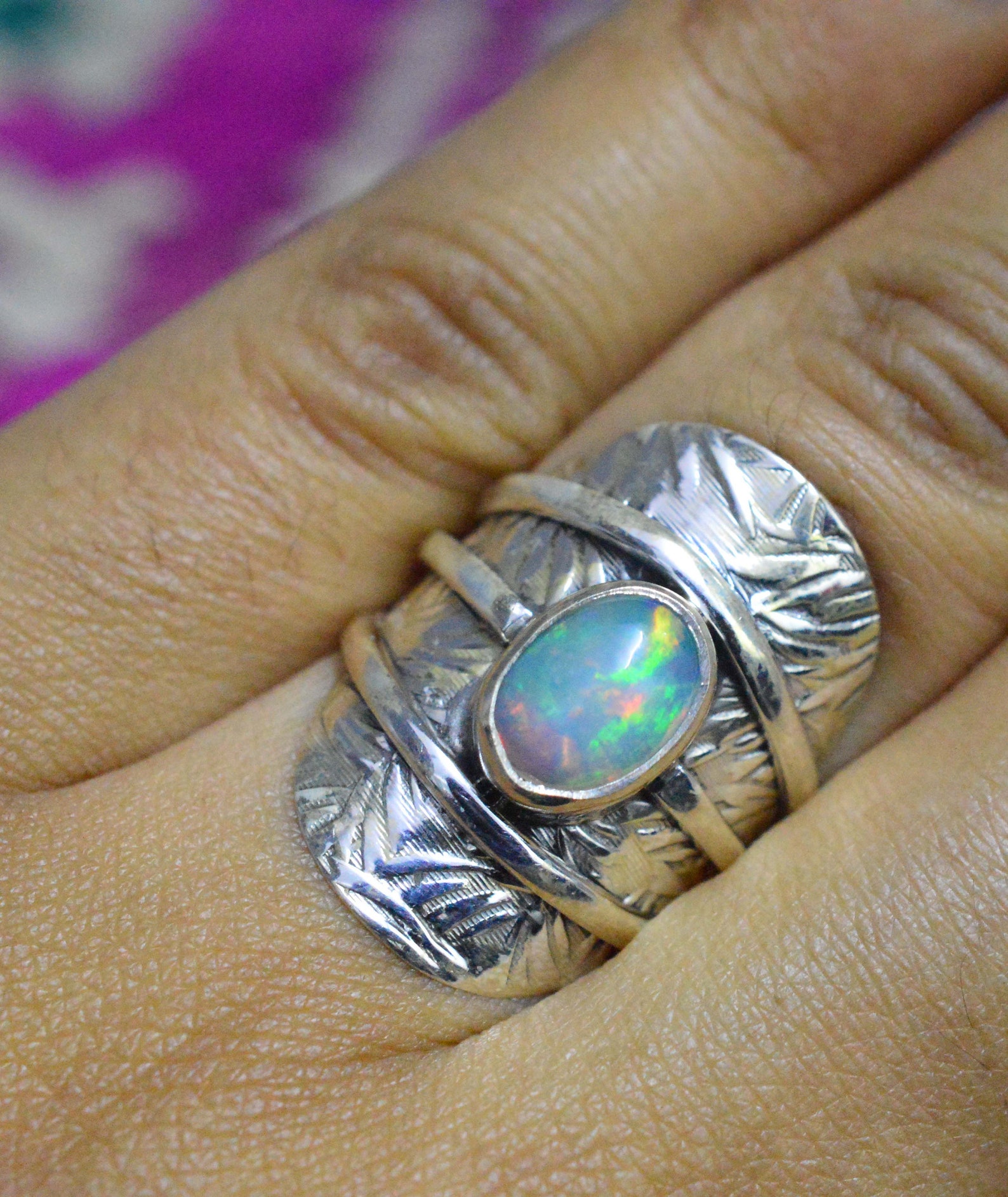thumbnail image 2 of 925 Sterling Silver Fire Opal Ring – White Round Opal, Women's Bridal Jewelry – Sizes 6-10 2 of 6