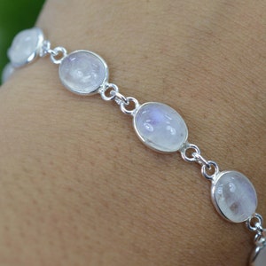 White Rainbow Moonstone 925 Silver 10 Stone Adjustable Bracelet