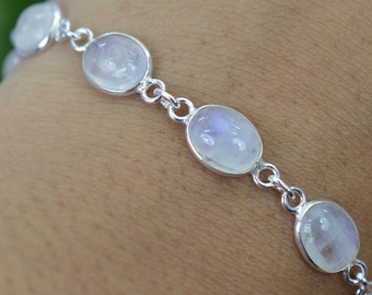 White Rainbow Moonstone 925 Silver 10 Stone Adjustable Bracelet