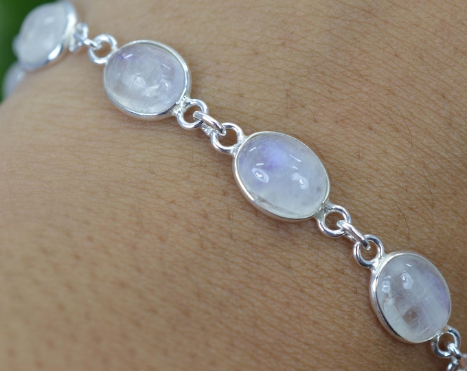White Rainbow Moonstone 925 Silver 10 Stone Adjustable Bracelet