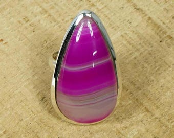 Pink Botswana Agate Sterling Silver Ring, Pear Shape, US Size 6