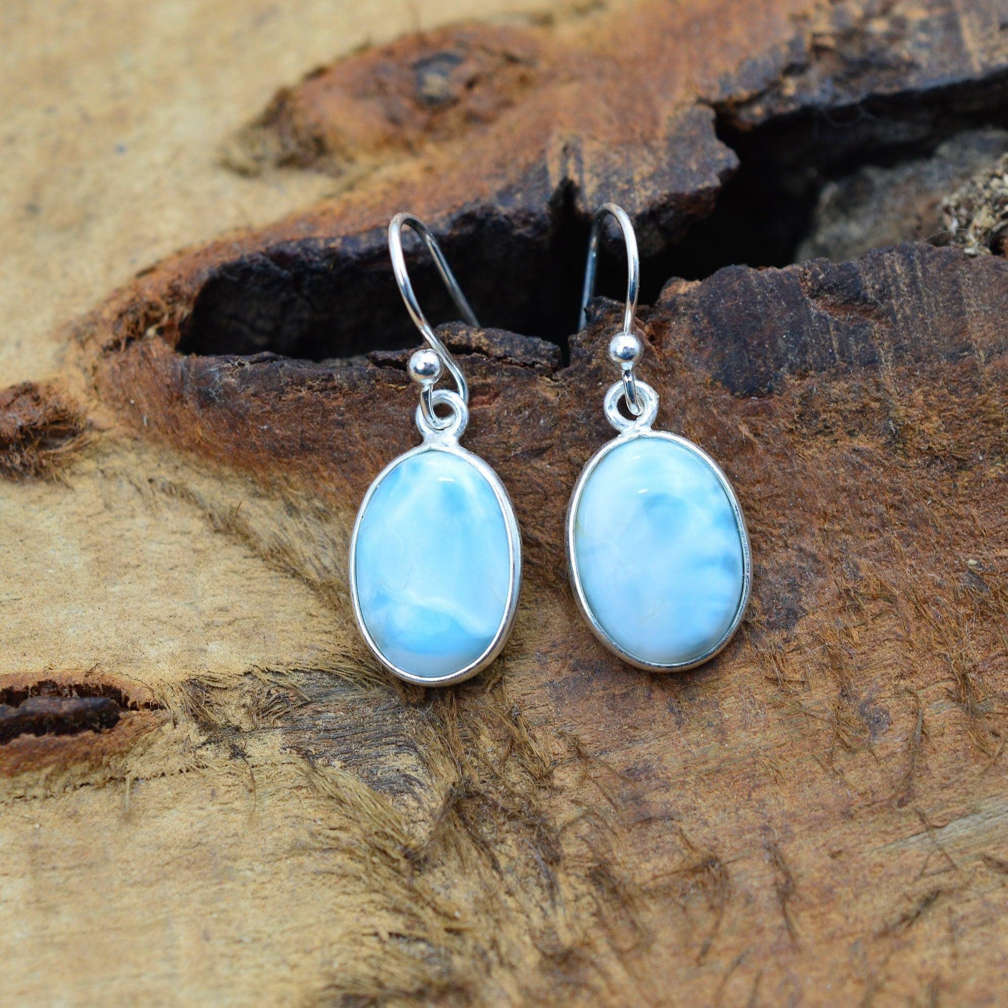 Larimar 925 Sterling Silver Natural Gemstone 1 Pair Hook Earring ~ Handmade Jewelry ~ Oval Shape Earring ~ Gift For Birthday