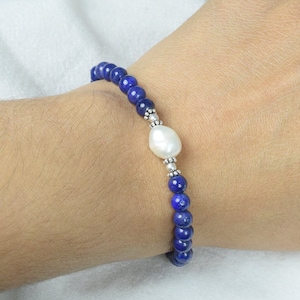 Blue Lapis Lazuli 925 Sterling Silver Beaded Gemstone Pearl Bracelet ~ September Month Birthstone ~ Handmade Jewelry ~ Gift For Birthday