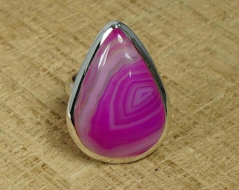Pink Botswana Agate Ring: Handmade 925 Sterling Silver Pear Ring, US Size 5