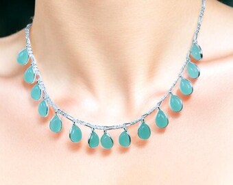 Aqua Chalcedony Teardrop Necklace: 925 Sterling Silver Boho Charm