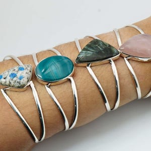 Sterling Silver Gemstone Bangle: Handmade Adjustable Bracelet