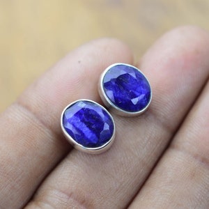 Sapphire 925 Solid Sterling Silver Faceted Gemstone 1 Pair Stud Earring ~ Handmade Jewelry ~ Oval Shape Stud ~ Gift For Birthday