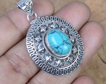 Blue Turquoise 925 Sterling Silver Blue Oval Shape Gemstone Designer Jewelry Pendant ~ December Month Birthstone ~ Gift For Anniversary