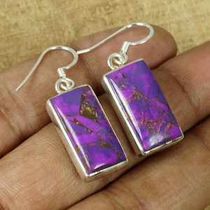 Purple Copper Turquoise 925 Solid Sterling Silver Rectangle Shape Natural Gemstone Hook Earring ~ December Birthstone ~ Gift For Mothers Day