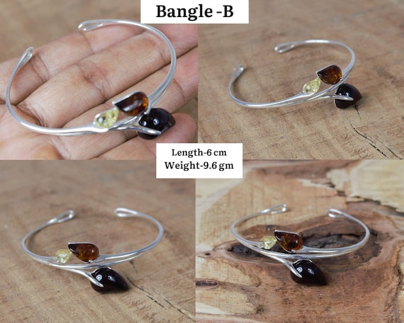 Bracelet Jonc En Argent 925 Avec Ambre Baltique - Ouverture Pratique