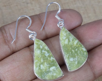 Green Opal Sterling Silver Hook Earrings: Handmade October Birthstone Jewelry