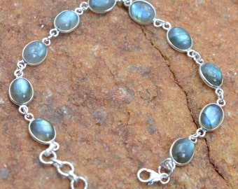 Labradorite 925 Sterling Silver Moonstone Bracelet, Oval Shape Adjustable Bracelet
