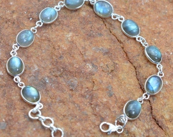 Pulsera de piedra lunar de plata de ley 925 de labradorita, pulsera ajustable de forma ovalada