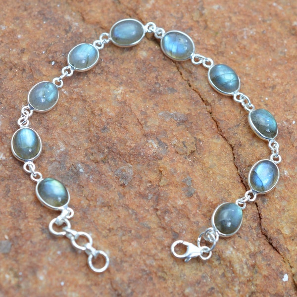 Labradorite 925 Sterling Silver Moonstone Bracelet, Oval Shape Adjustable Bracelet