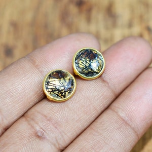 Black Rutile Quartz 925 Sterling Silver 18 Carat Gold Overlay Faceted Stud Earring