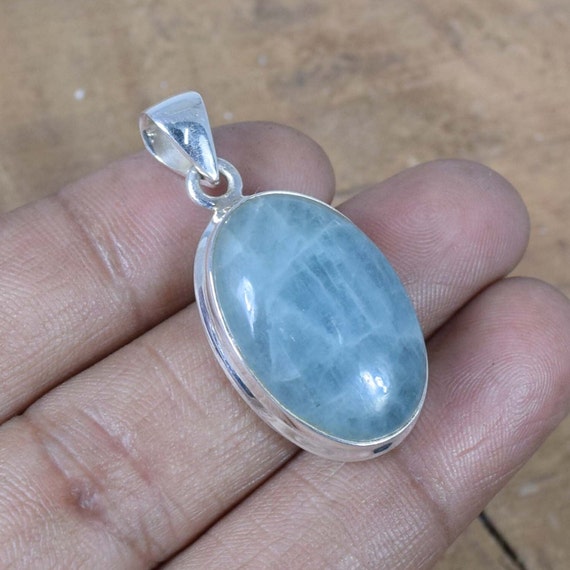 Pendentif Argent Sterling 925 Main - Pierre Aigue-Marine - Fait Main En Inde