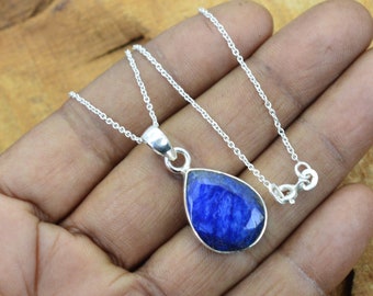 Blue Sapphire Sterling Silver Pear Pendant: Handmade Gemstone Jewelry