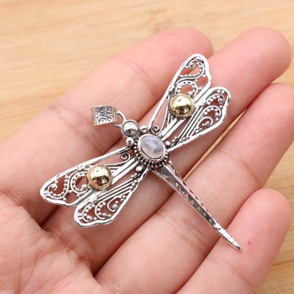 Rainbow Moonstone 925 Sterling Silver Dragonfly Pendant