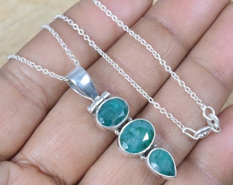 Handmade Green Emerald Sterling Silver Pendant: Faceted Gemstone Chain