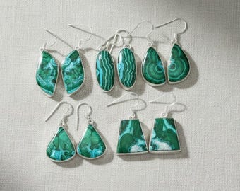 Natural Chrysocolla Malachite Earrings, 925 Sterling Silver Blue Green Stone Statement Dangle Earrings