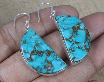 Boucles d'oreilles crochet en argent sterling turquoise naturel : bijoux en pierres précieuses faits main