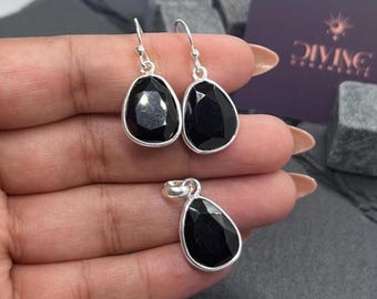 Black Onyx 925 Sterling Silver Pendant And Earrings Jewelry Set, Minimalist Gemstone Jewelry