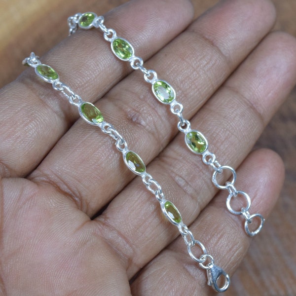 Green Peridot 925 Sterling Silver Faceted Gemstone Adjustable Bracelet ~ August Month Birthstone ~ Gift For Birthday ~ 11 Gemstone Jewelry