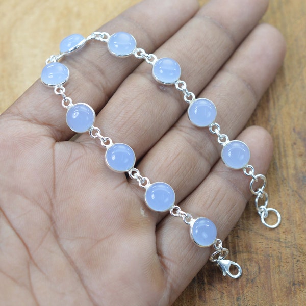 Blue Chalcedony 925 Sterling Silver Gemstone Jewelry Adjustable Bracelet ~ 10 Stone Jewelry