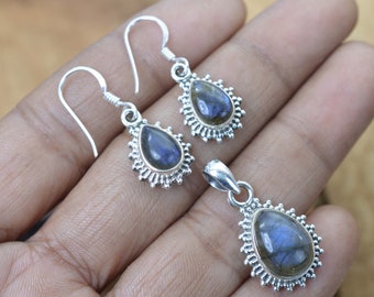 Juego de pendientes y colgantes de piedra lunar negra y labradorita en plata de ley 925, joyería hecha a mano