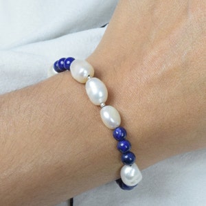 Blue Lapis Lazuli 925 Sterling Silver Beaded Gemstone Pearl Bracelet ~ September Month Birthstone ~ Handmade Jewelry ~ Gift For Birthday