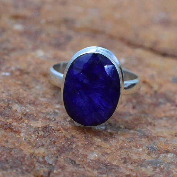 Sapphire 925 Sterling Silver Cut Blue Sapphire Ring, Anniversary Ring, Handmade