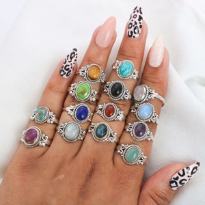 925 Sterling Silver Moonstone / Onyx / Tiger's Eye / Chalcedony / Turquoise / Labradorite / Amethyst Natural Crystal Designer Silver Ring image 1