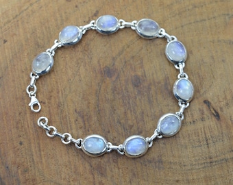 Bracelet Réglable Argent 925 Avec Pierre De Lune Arc-en-ciel - Fait Main, Inde, Ajustable