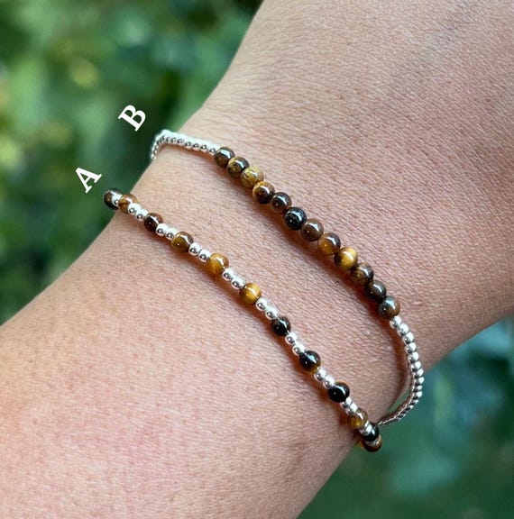 Tiger Eye Sterling Silver Beaded Bracelet: Handmade Gemstone