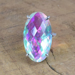 Mercury Mystic Quartz 925 Sterling Silver Gemstone Oval Shape Big Ring ~ Handmade Jewelry ~ Rainbow Mystic Quartz Ring ~ Gift For Birthday