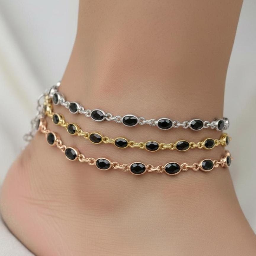 Black Onyx Faceted Gemstone Anklet, 925 Sterling Silver, Gold/rose