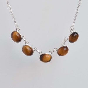 Tiger Eye 925 Sterling Silver Oval Gemstone Designer Elegant Chain Necklace ~ 5 Stone Necklace ~ Handmade Jewelry ~ Gift For Anniversary