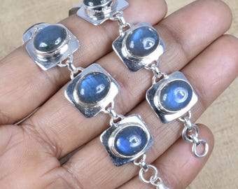 Bracciale in argento sterling con labradorite: pietra preziosa regolabile, pietra portafortuna di novembre