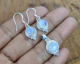 Regenbogen Mondstein 925 Sterling Silber Edelstein Haken Ohrring Anhänger Set, Mondstein Schmuck