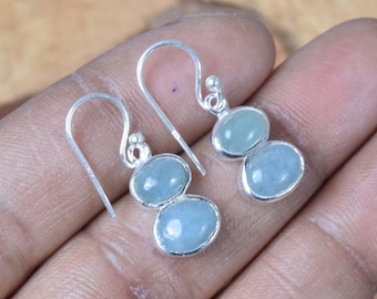 Aquamarine 925 Sterling Silver Gemstone Hook Earring ~ Natural Earring ~ Elegant Jewelry ~ Handmade Jewelry ~ Gift For Her ~ 2 Stone Jewelry