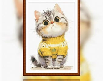 Cat With Yellow Sweater Cross Stitch Kit-perfect gift for craft lovers - What you see is what you will get