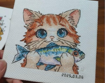 Cute Cat Cross Stitch Kit - Adorable Stamped Design with Fish - A Must-Have for Crafting - Perfect for beginners and experts alike