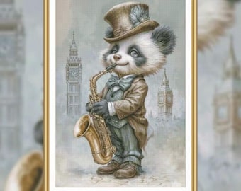 Painting Fairy Cross Stitch Little Panda with Saxophone Stamped Cross Stitch Kit - Perfect Gift for Craft Lovers -What you see is what you