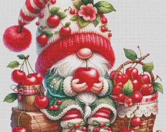 Painting Fairy Dwarf with Cherry Stamped Cross Stitch Kit - Beginner Friendly & Perfect Gift for Craft Lovers- What you see is what you get