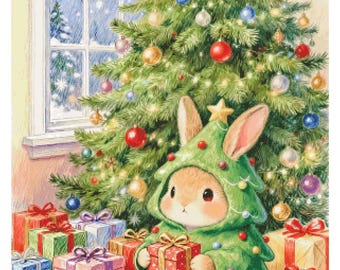 Painting Fairy Cross Stitch Rabbit under the Christmas Tree Stamped Cross Stitch Kit - Perfect Gift for Craft Lovers