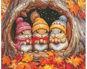 Painting Fairy Cross Stitch Three Squirrels in Fall Stamped Cross Stitch Kit - Perfect Gift for Craft Lovers -What you see is what you get