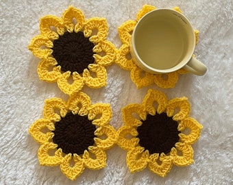 Sunflower coaster set, crochet sunflower coasters, crochet sunflowers, handmade coasters, crochet coasters, home decor, cute home gifts