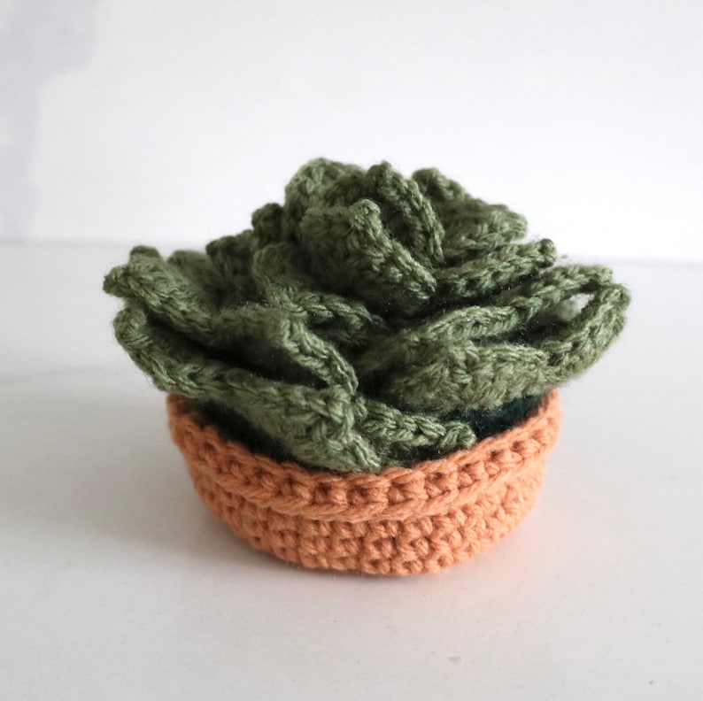 May include: A crocheted succulent plant in a small orange pot. The succulent is green and has a realistic appearance.
